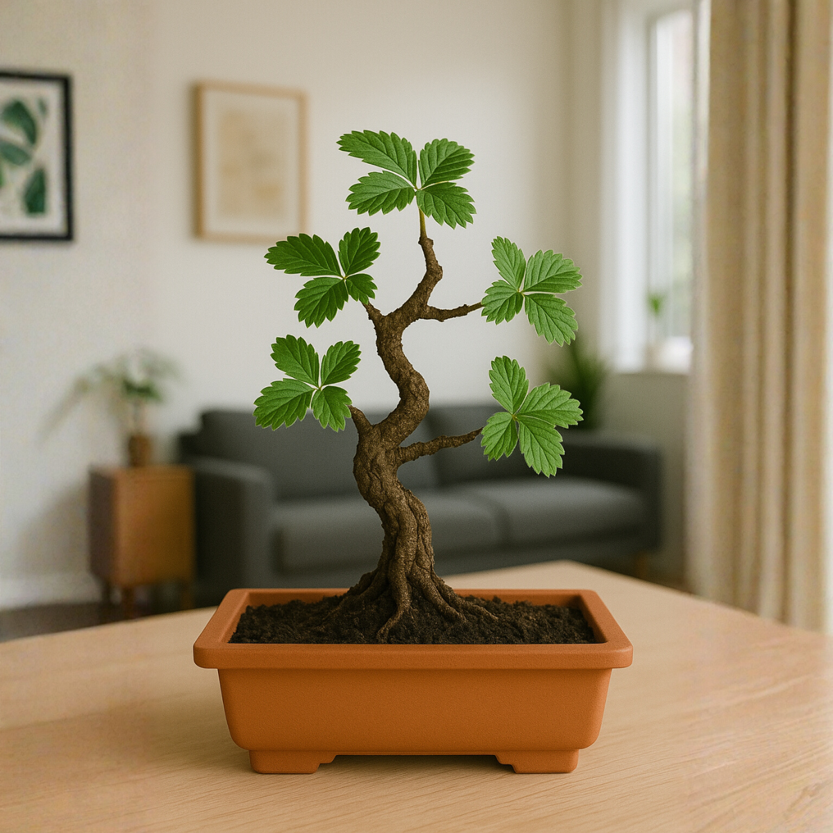 Drzewko truskawkowe bonsai w doniczce, ozdobna roślina doniczkowa do domu idealna dla miłośników miniaturowych drzewek i uprawy roślin