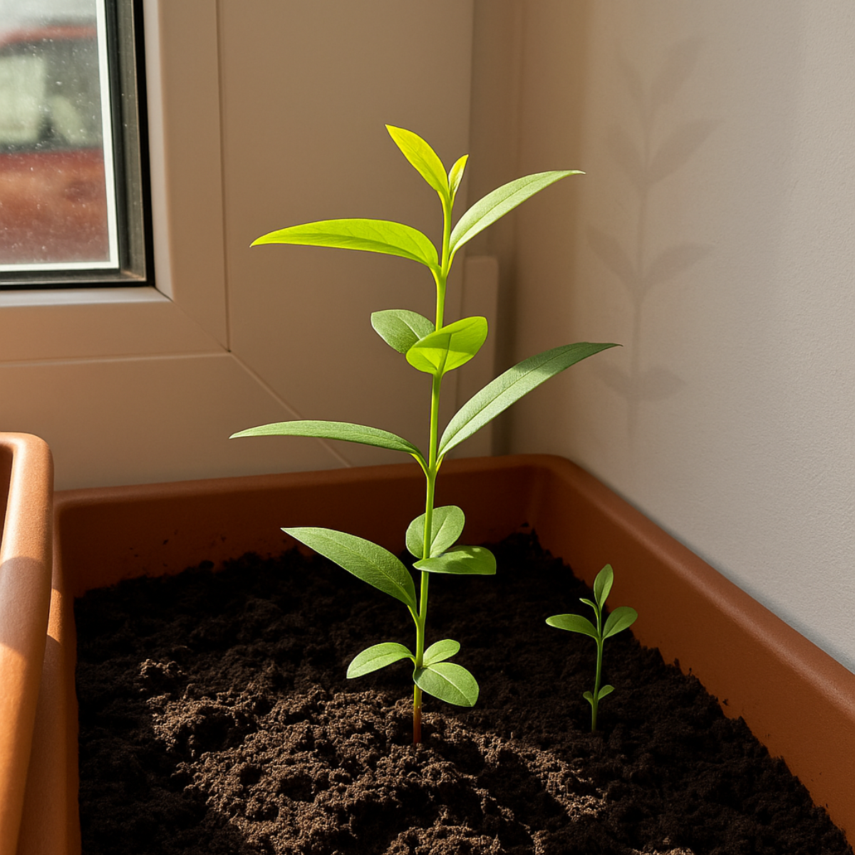 Sadzonki granatowca bonsai rosnące w doniczce przy oknie, młode zielone pędy w świeżej ziemi oświetlone promieniami słońca