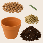 Zawartość zestawu Bonsai bez hydrożelu — doniczka, keramzyt, podłoże, pałeczka nawozowa i pumeks wulkaniczny, komplet do samodzielnej uprawy miniaturowych drzewek