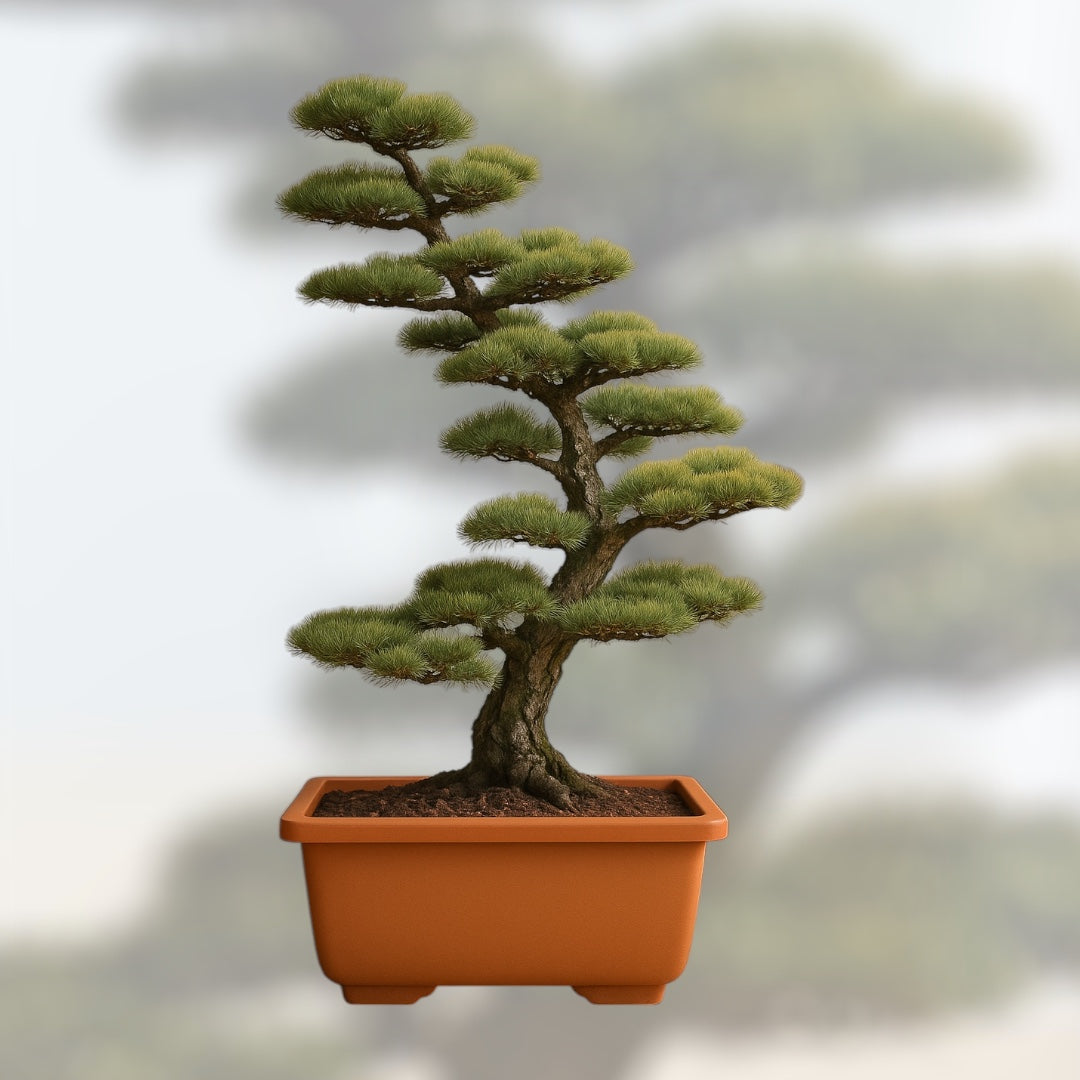 Drzewko bonsai Sosna Japońska w doniczce – miniaturowa sosna o gęstych, iglastych gałązkach formowana w stylu japońskim