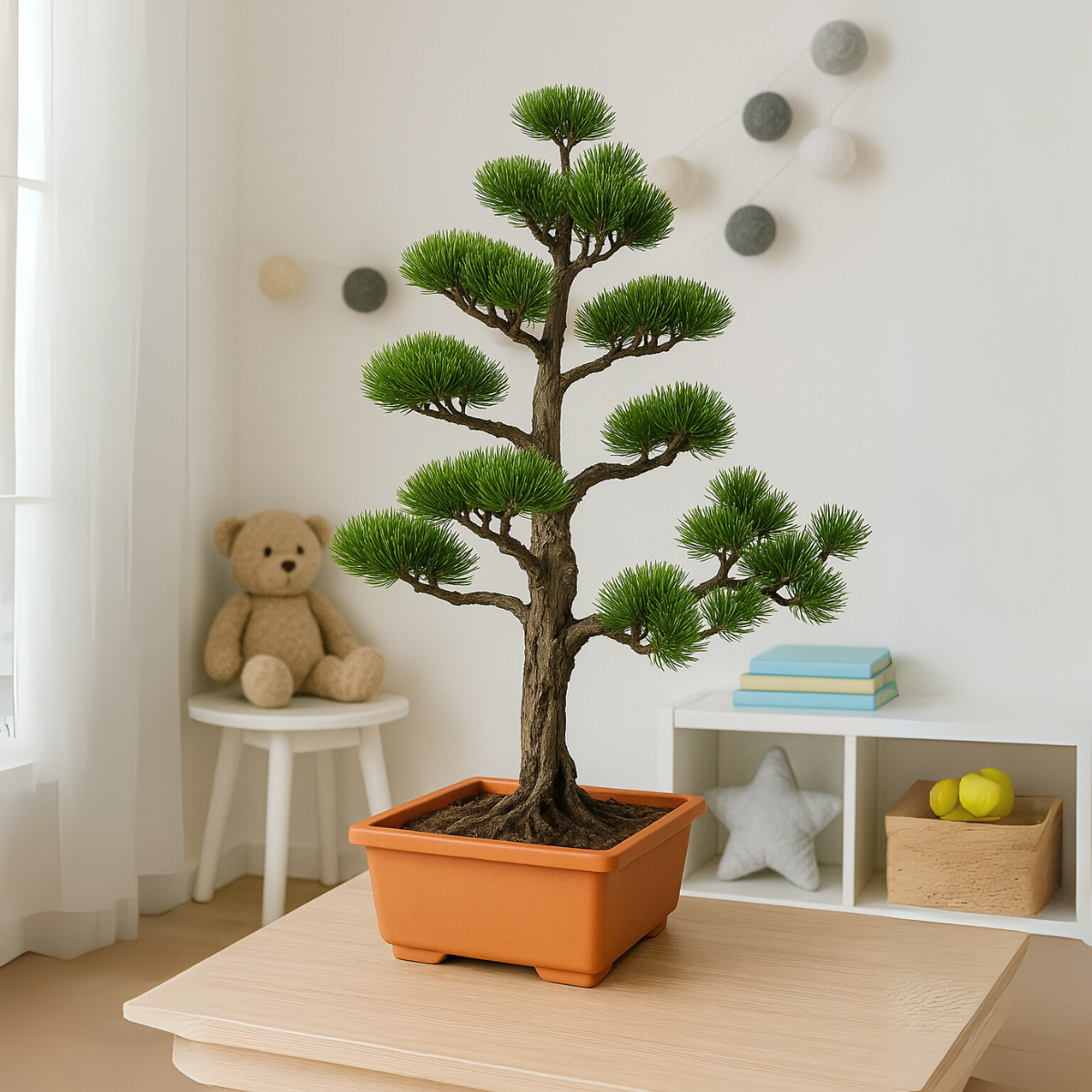 Drzewko bonsai Sosna Pinia w doniczce – miniaturowe drzewko iglaste o eleganckim pokroju, ustawione w jasnym, nowoczesnym wnętrzu