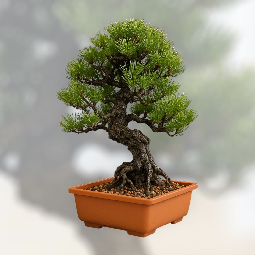 Drzewko bonsai Sosna Pinia w doniczce – miniaturowy świerk o gęstych igłach i charakterystycznym, skręconym pniu w stylu japońskim