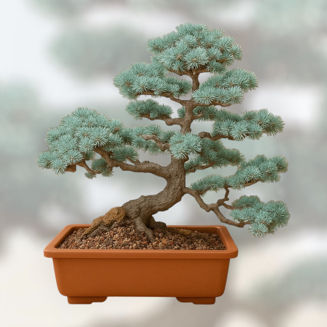 Świerk srebrny bonsai – miniaturowe drzewko w doniczce bonsai o srebrzysto-zielonych igłach, uformowane w tradycyjnym stylu japońskim, idealne do domowej uprawy