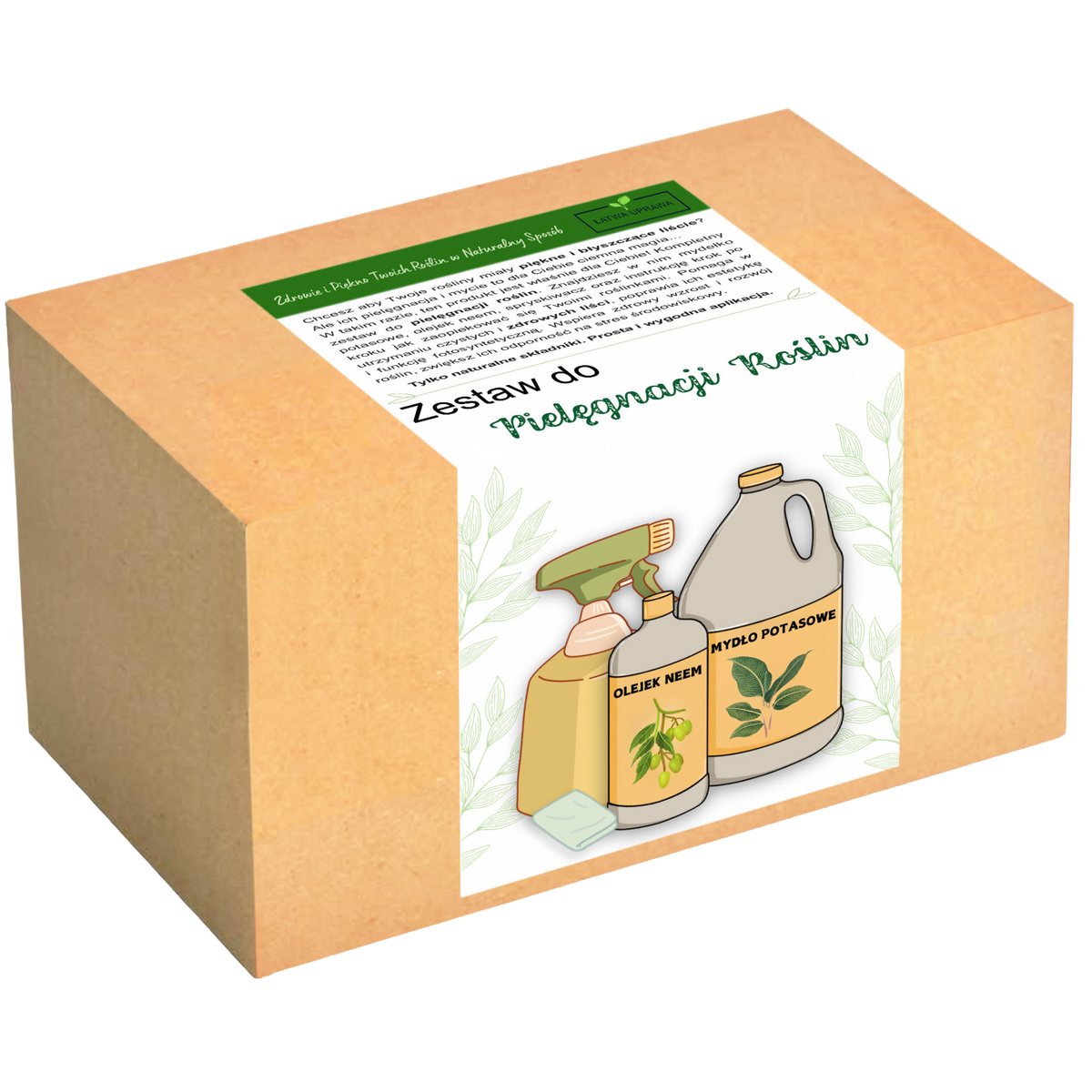 Zestaw do pielęgnacji roślin w pudełku – naturalne preparaty z olejkiem neem i mydłem potasowym do czyszczenia liści.
