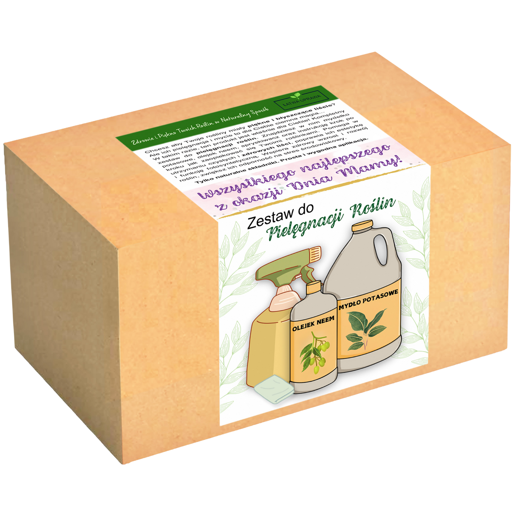 Zestaw do pielęgnacji roślin w pudełku z napisem „Wszystkiego najlepszego z okazji Dnia Mamy” – naturalne środki z olejkiem neem i mydłem potasowym.