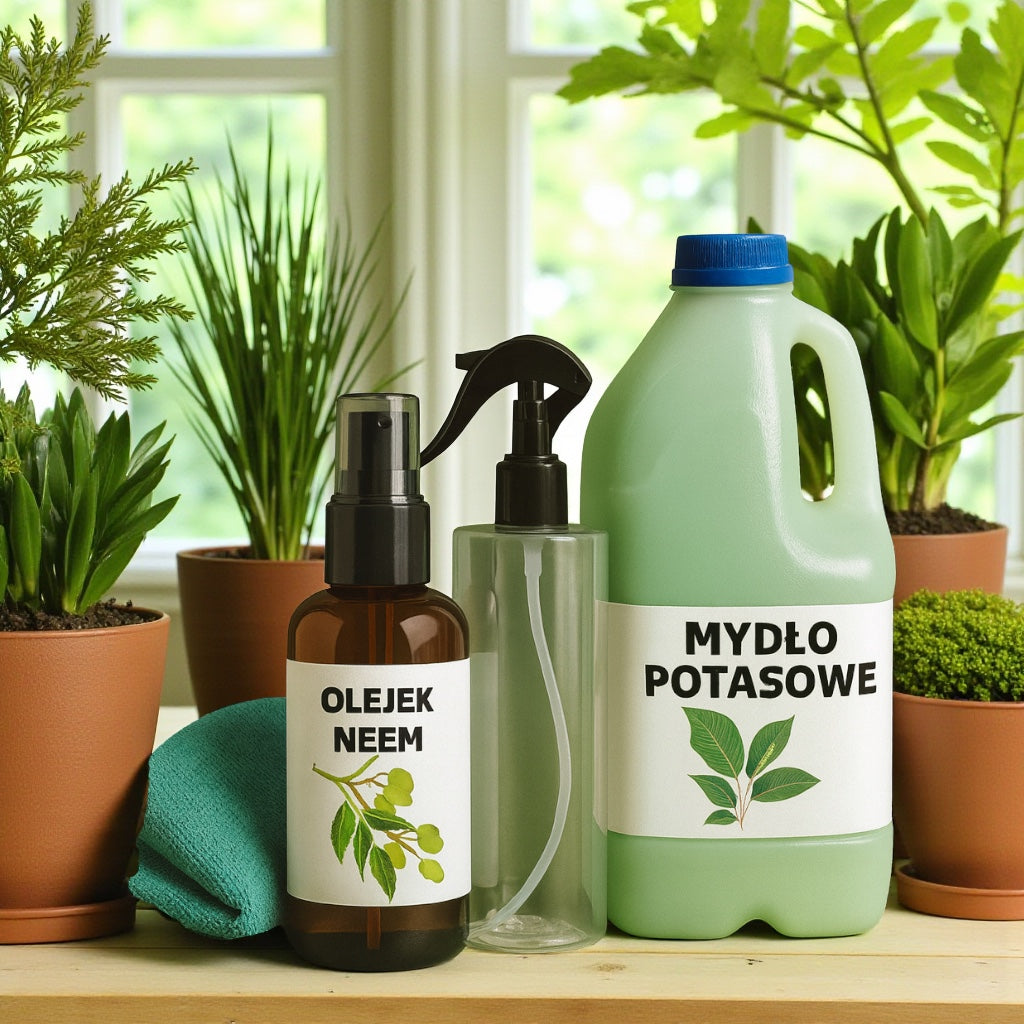 Naturalny zestaw do pielęgnacji roślin – olejek neem, mydło potasowe i spryskiwacz ustawione wśród doniczkowych roślin przy oknie.